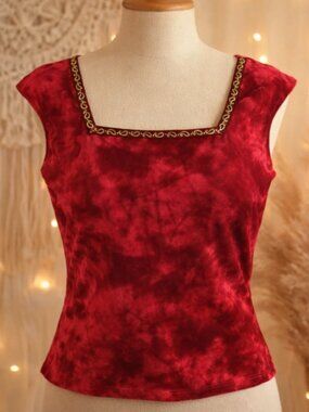 Vintage PS Velour Embroidered Square Neckline Top Shirt S Boho Y2K Red Retro